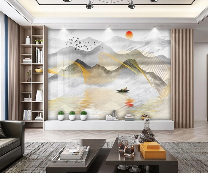 Hình ảnh tranh tráng gương với họa tiết sóng nước hiện đại từ VHOME, phù hợp cho không gian phòng khách hiện đại.