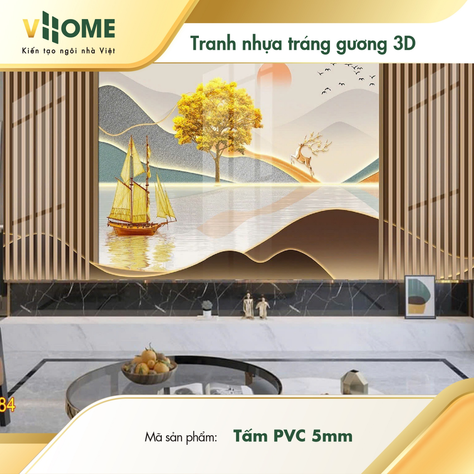 Tranh nhựa tráng gương PVC 5mm với họa tiết cây và thuyền buồm, tạo điểm nhấn cho phòng khách hiện đại.
